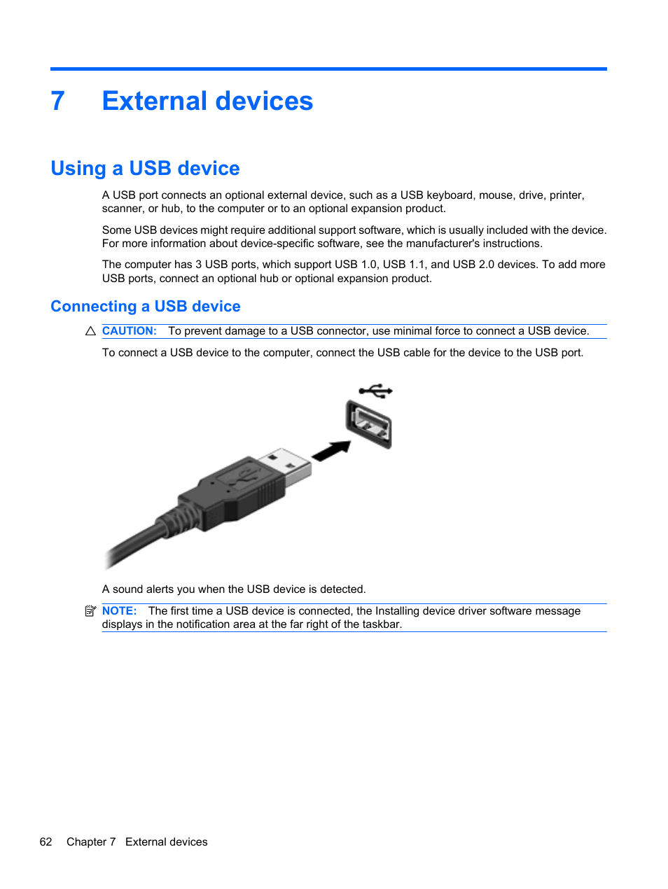 External devices, Using a usb device, Connecting a usb device | 7 external devices, 7external devices | HP Pavilion dv7-4278nr Entertainment Notebook PC User Manual | Page 72 / 112