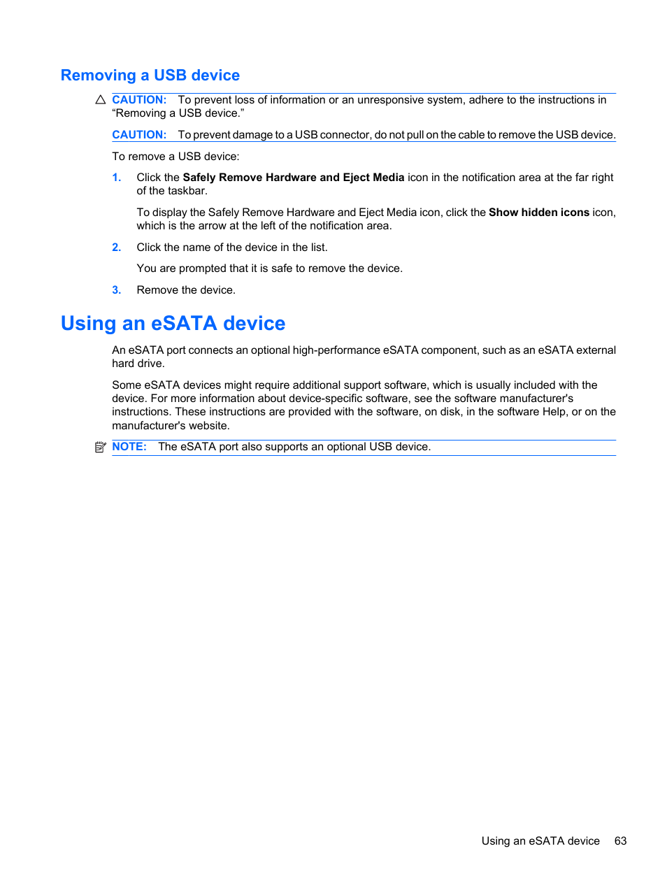 Removing a usb device, Using an esata device | HP Pavilion dv7-4278nr Entertainment Notebook PC User Manual | Page 73 / 112