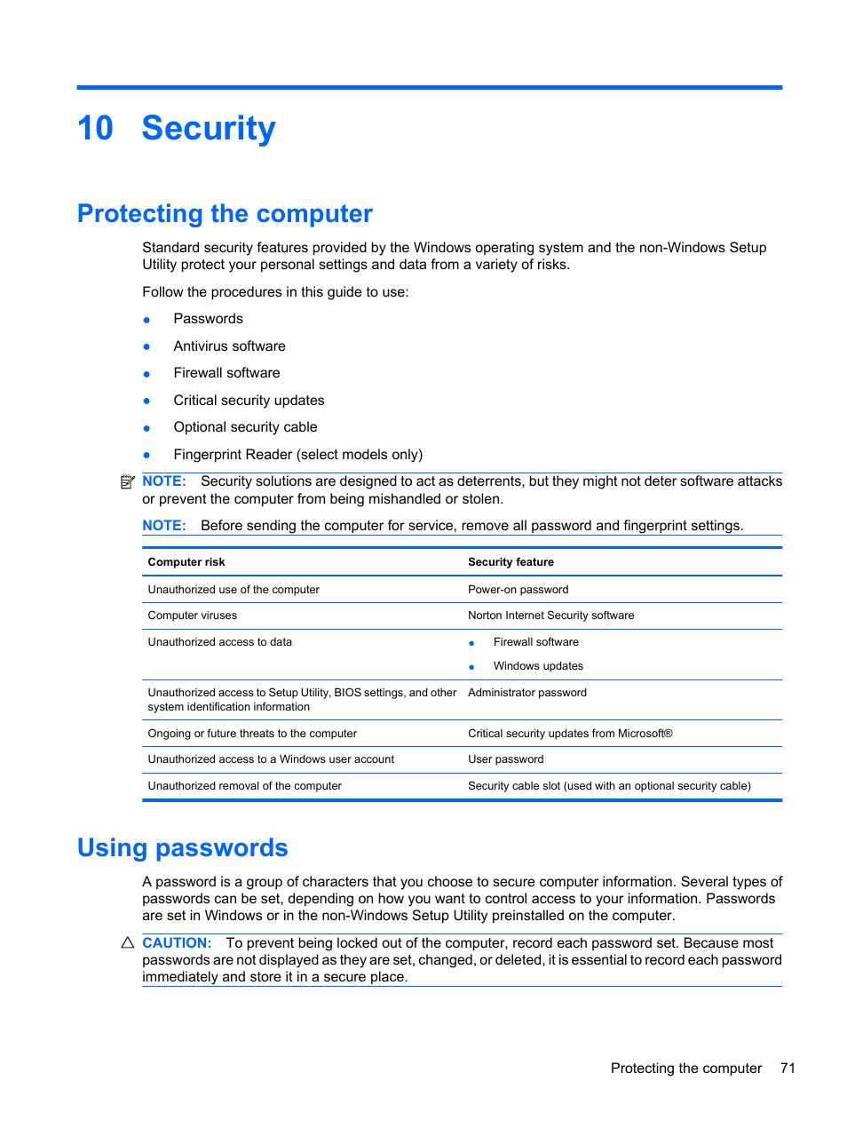 Security, Protecting the computer, Using passwords | 10 security, Protecting the computer using passwords | HP Pavilion dv7-4278nr Entertainment Notebook PC User Manual | Page 81 / 112