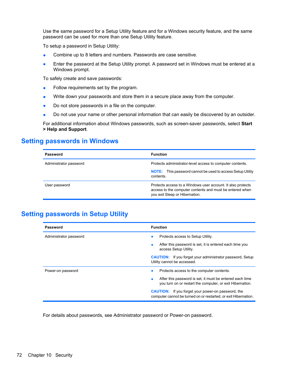 Setting passwords in windows, Setting passwords in setup utility | HP Pavilion dv7-4278nr Entertainment Notebook PC User Manual | Page 82 / 112