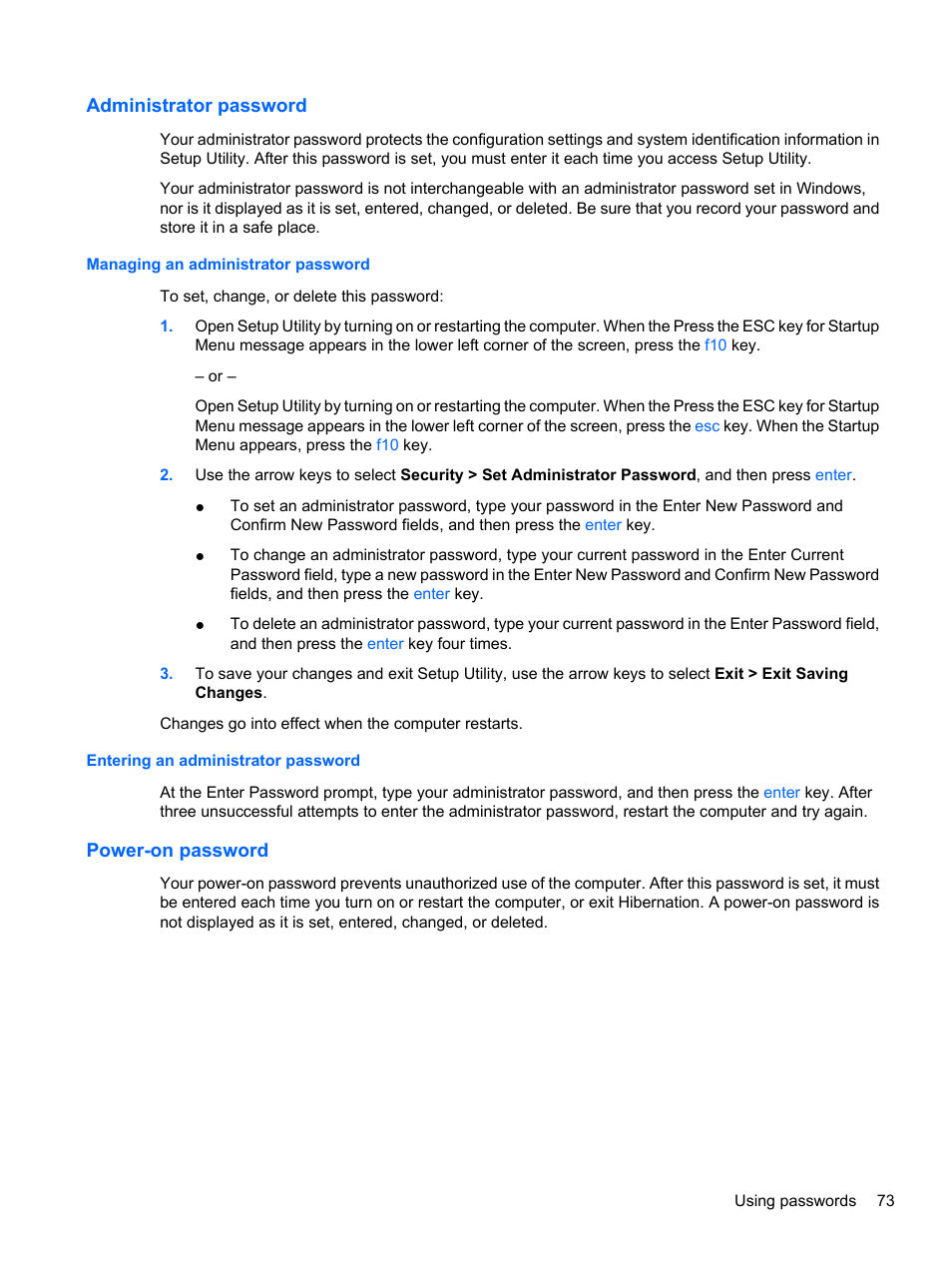 Administrator password, Managing an administrator password, Entering an administrator password | Power-on password | HP Pavilion dv7-4278nr Entertainment Notebook PC User Manual | Page 83 / 112