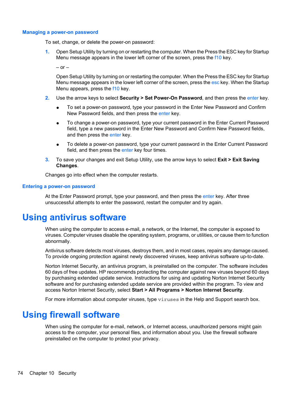 Managing a power-on password, Entering a power-on password, Using antivirus software | Using firewall software, Using antivirus software using firewall software | HP Pavilion dv7-4278nr Entertainment Notebook PC User Manual | Page 84 / 112