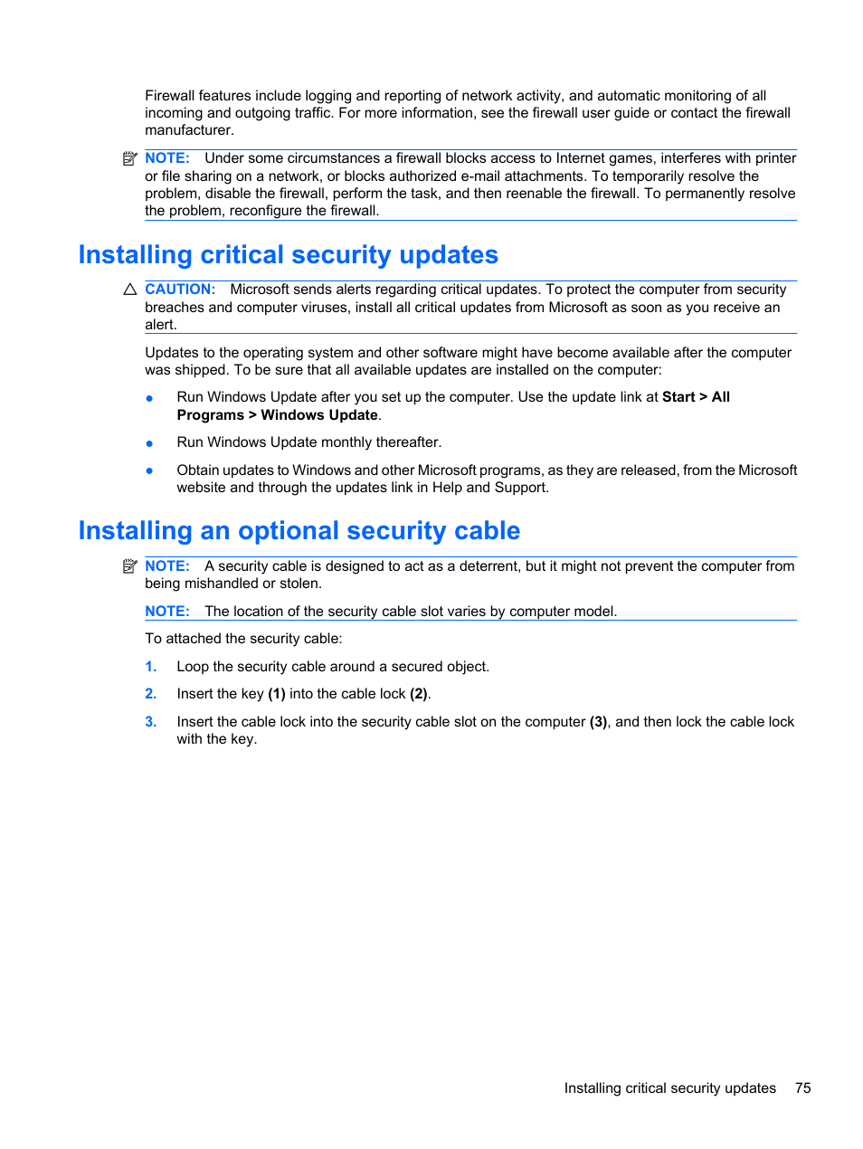 Installing critical security updates, Installing an optional security cable | HP Pavilion dv7-4278nr Entertainment Notebook PC User Manual | Page 85 / 112