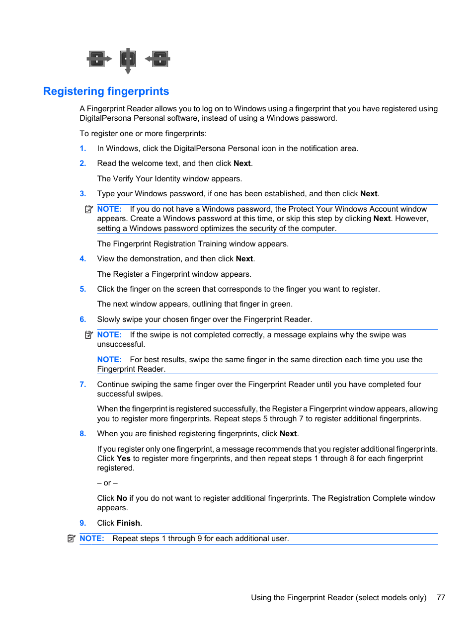 Registering fingerprints | HP Pavilion dv7-4278nr Entertainment Notebook PC User Manual | Page 87 / 112