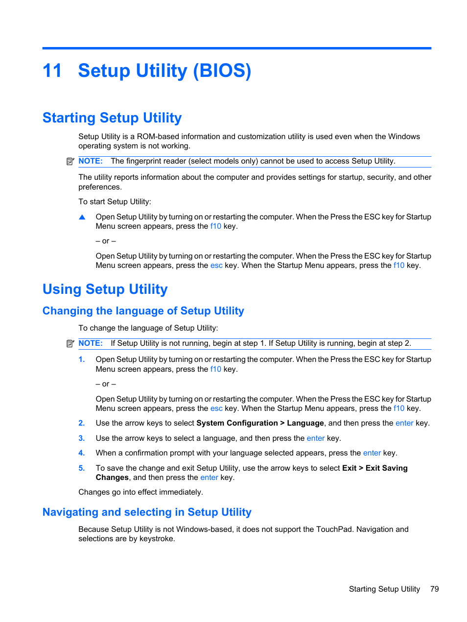 Setup utility (bios), Starting setup utility, Using setup utility | Changing the language of setup utility, Navigating and selecting in setup utility, 11 setup utility (bios), Starting setup utility using setup utility | HP Pavilion dv7-4278nr Entertainment Notebook PC User Manual | Page 89 / 112