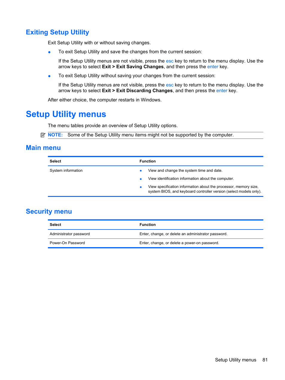 Exiting setup utility, Setup utility menus, Main menu | Security menu, Main menu security menu | HP Pavilion dv7-4278nr Entertainment Notebook PC User Manual | Page 91 / 112