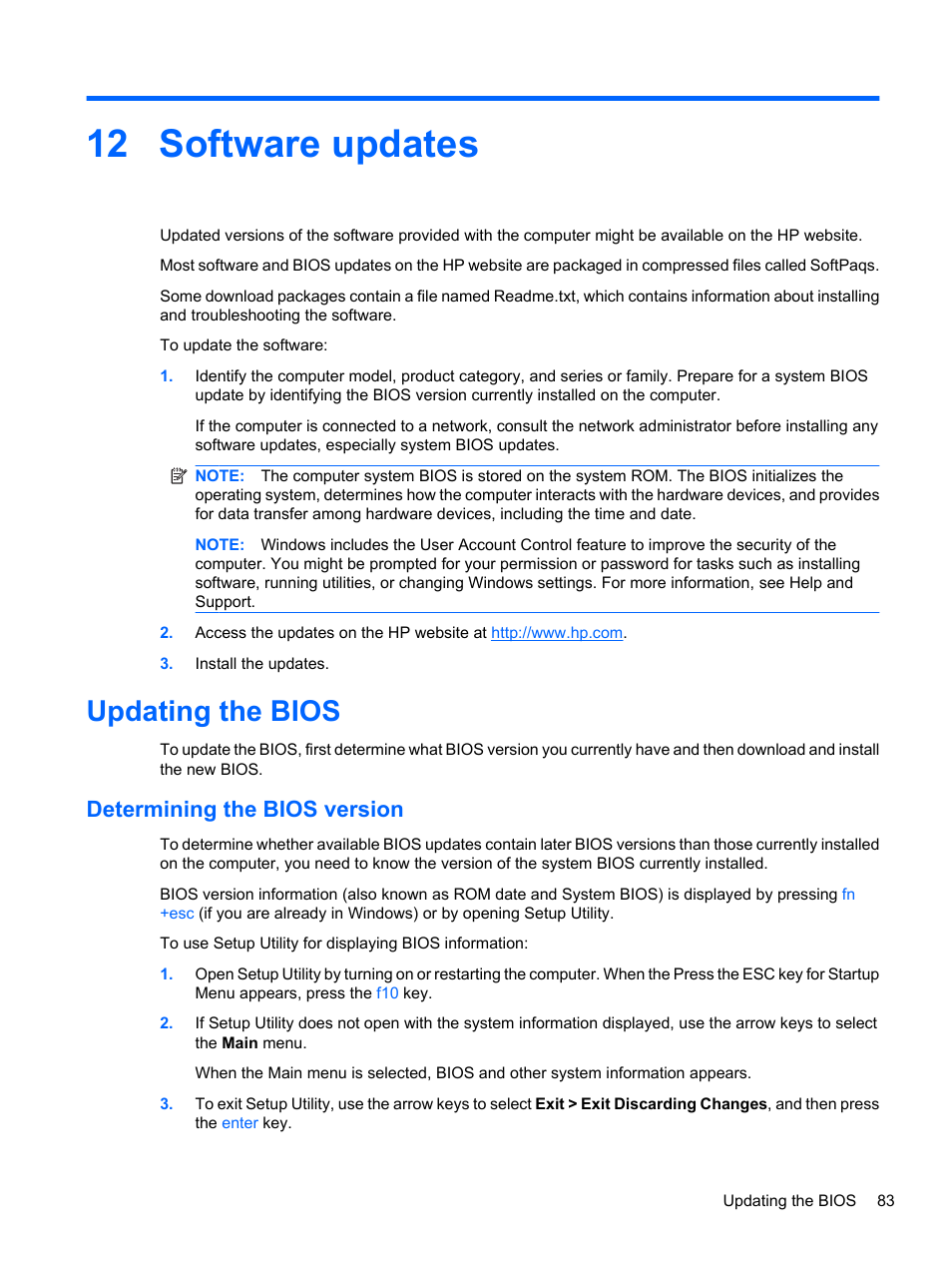 Software updates, Updating the bios, Determining the bios version | 12 software updates | HP Pavilion dv7-4278nr Entertainment Notebook PC User Manual | Page 93 / 112