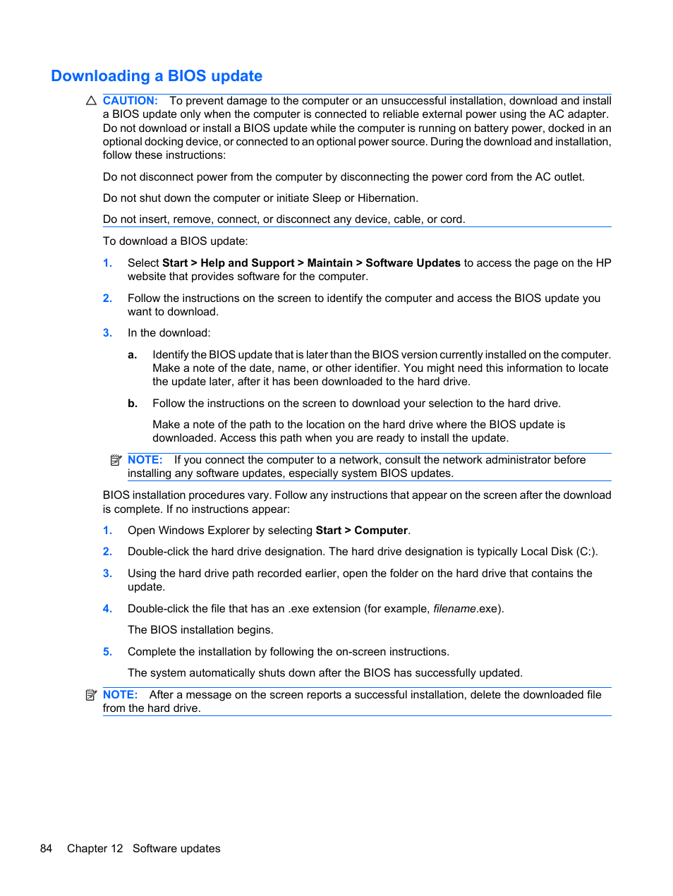Downloading a bios update | HP Pavilion dv7-4278nr Entertainment Notebook PC User Manual | Page 94 / 112