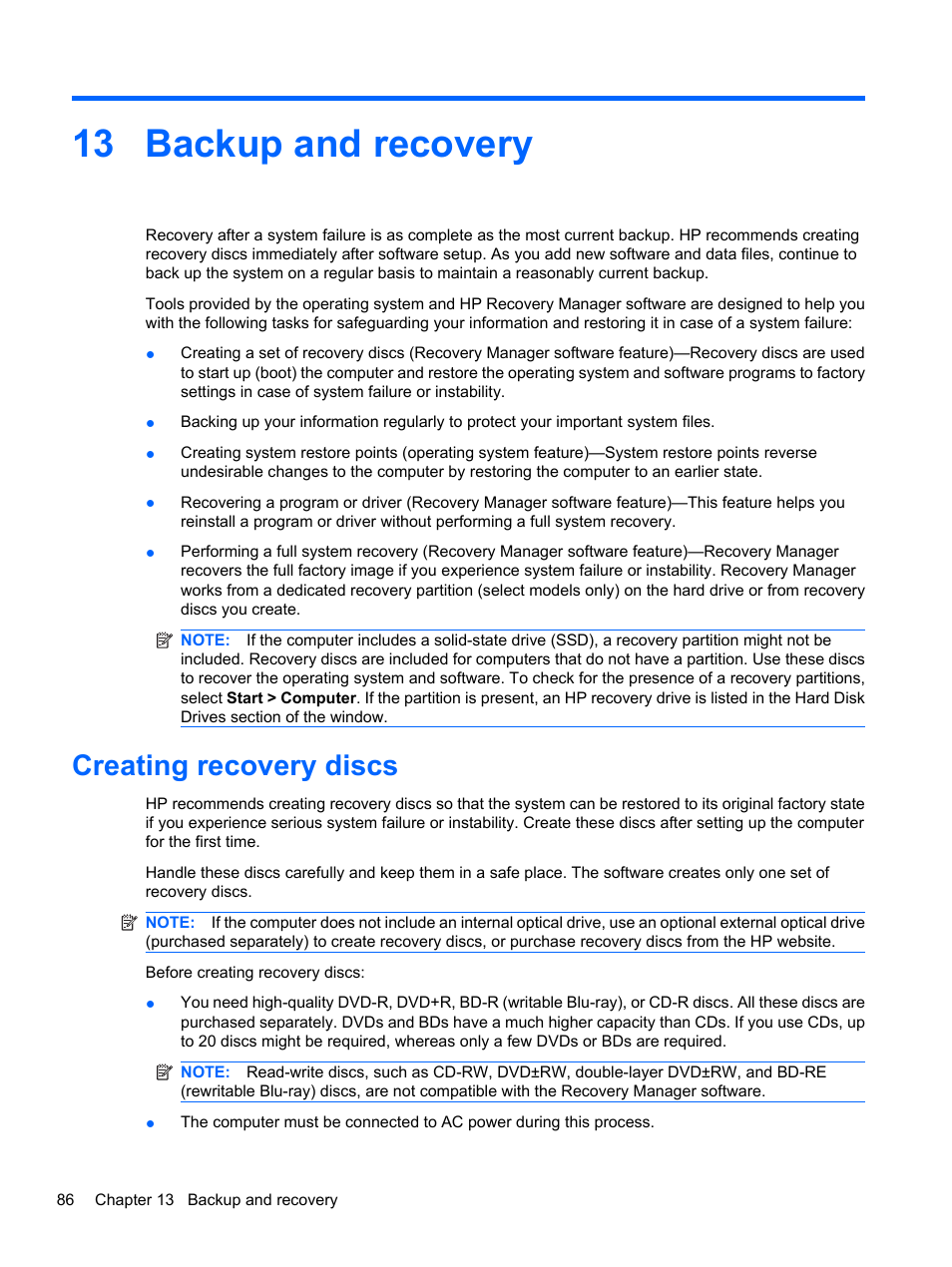 Backup and recovery, Creating recovery discs, 13 backup and recovery | HP Pavilion dv7-4278nr Entertainment Notebook PC User Manual | Page 96 / 112