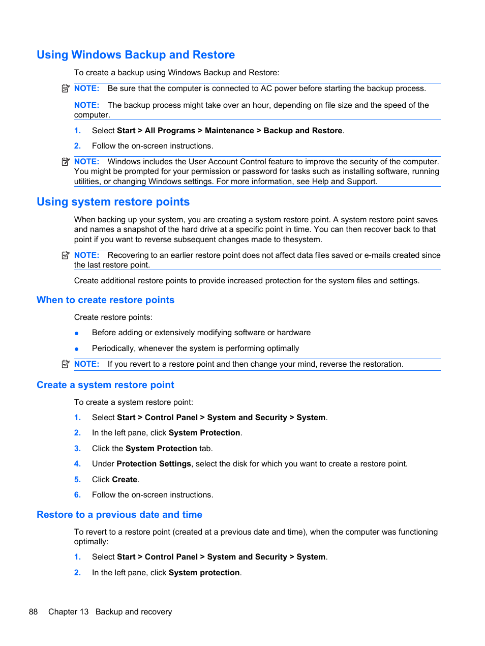 Using windows backup and restore, Using system restore points, When to create restore points | Create a system restore point, Restore to a previous date and time | HP Pavilion dv7-4278nr Entertainment Notebook PC User Manual | Page 98 / 112