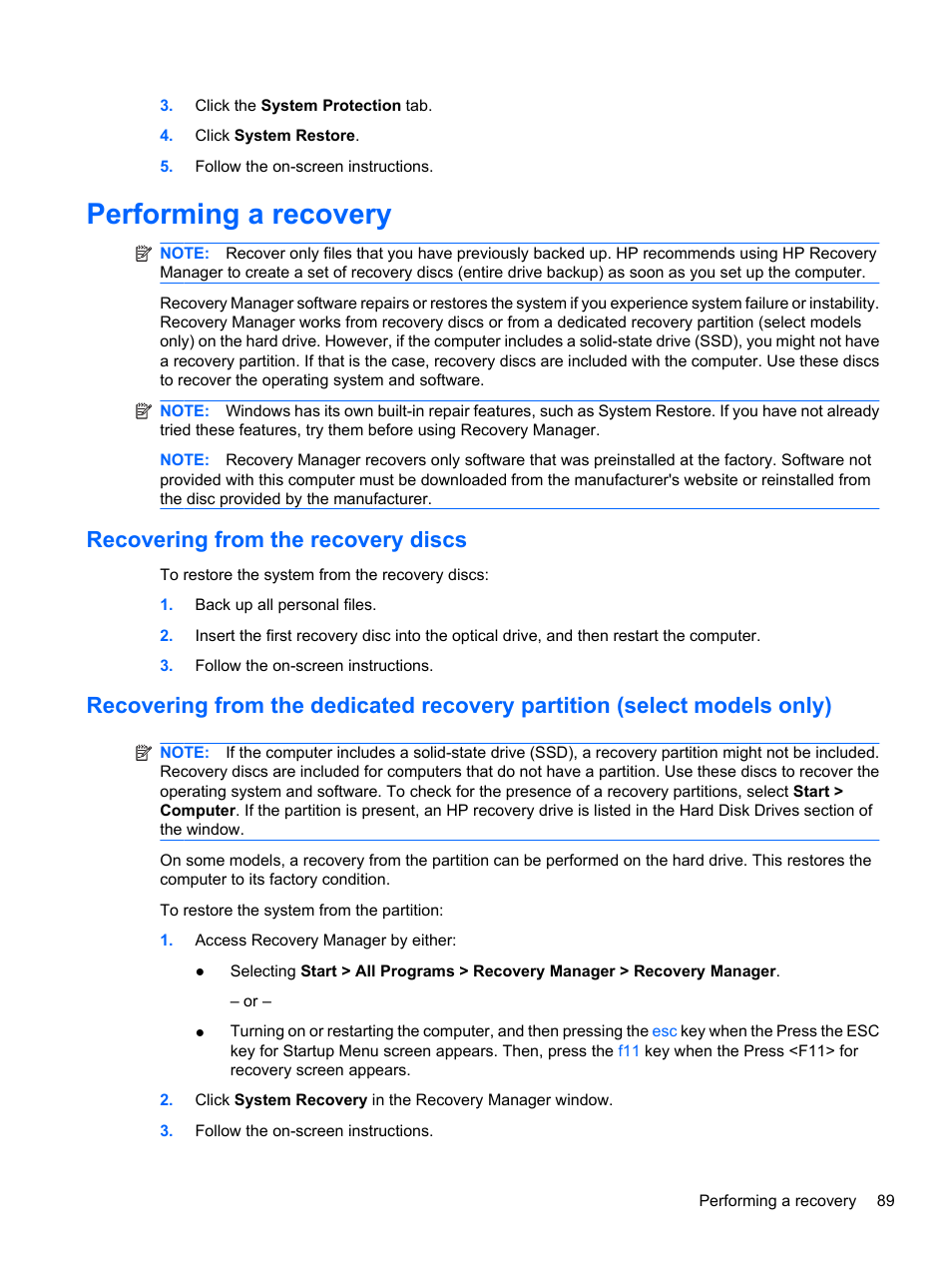 Performing a recovery, Recovering from the recovery discs | HP Pavilion dv7-4278nr Entertainment Notebook PC User Manual | Page 99 / 112