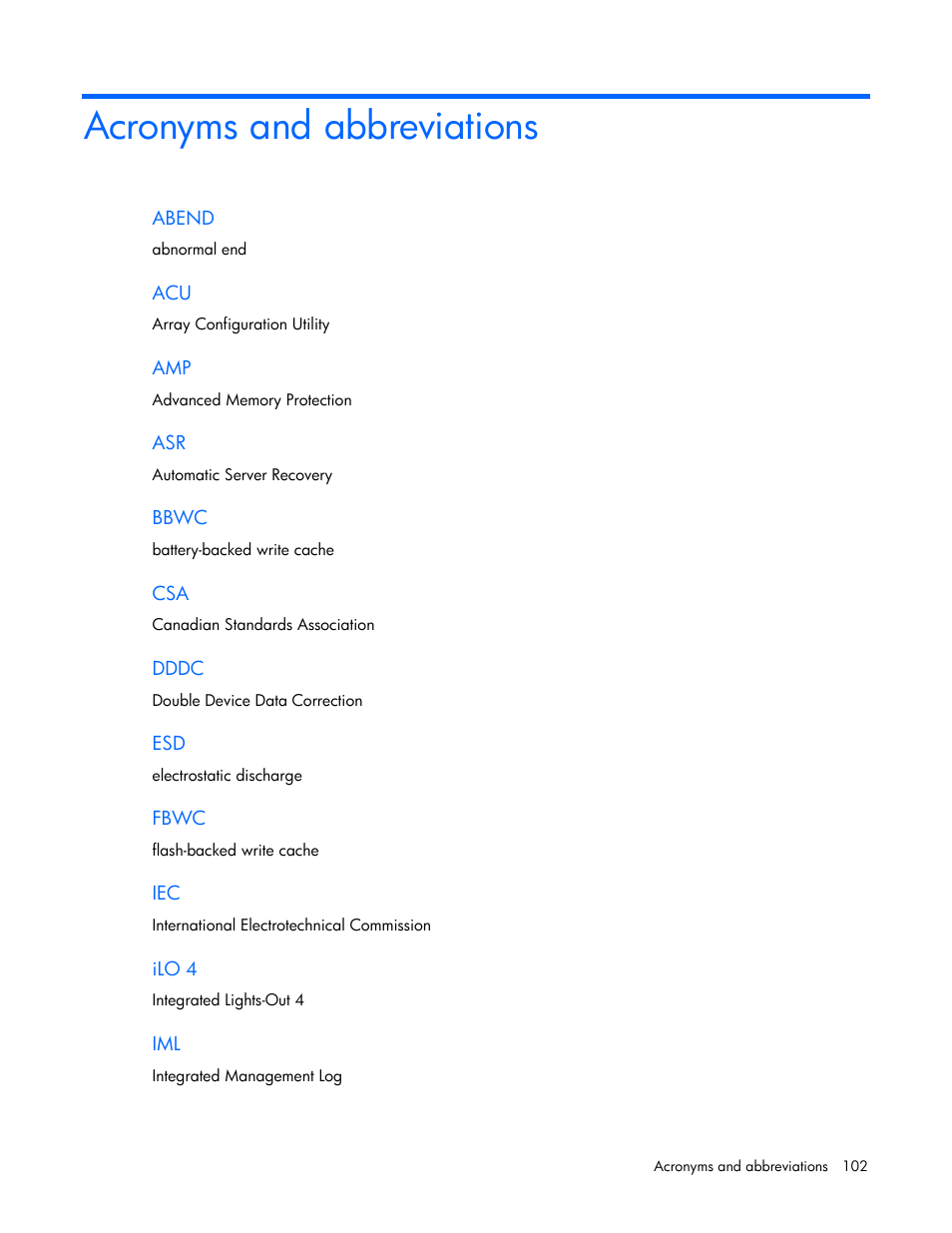 Acronyms and abbreviations | HP ProLiant DL580 Gen8 Server User Manual | Page 102 / 109