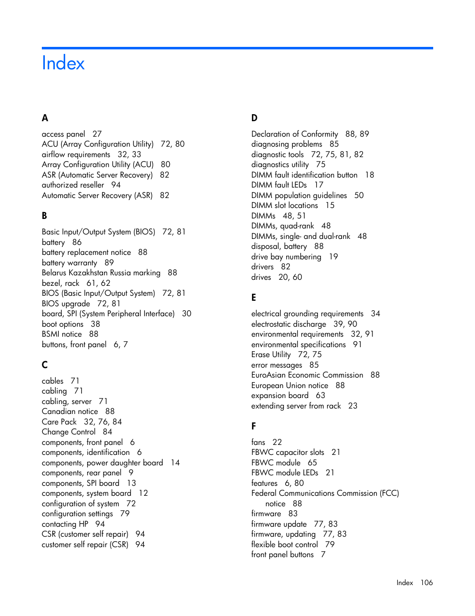 Index | HP ProLiant DL580 Gen8 Server User Manual | Page 106 / 109