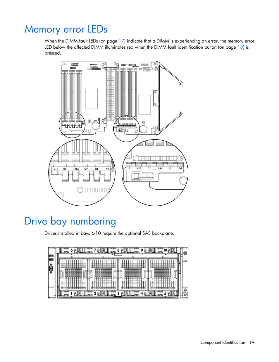Memory error leds, Drive bay numbering | HP ProLiant DL580 Gen8 Server User Manual | Page 19 / 109