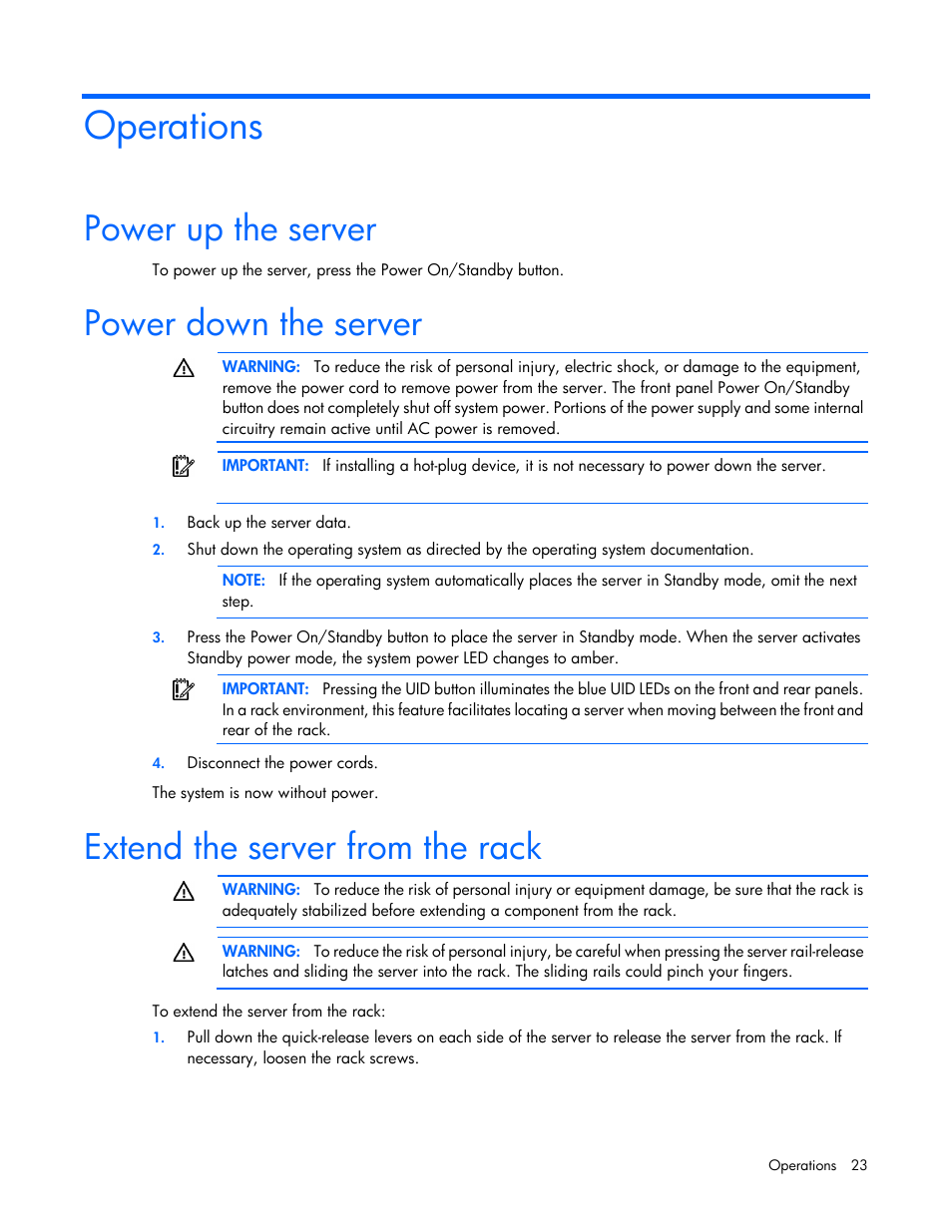 Operations, Power up the server, Power down the server | Extend the server from the rack | HP ProLiant DL580 Gen8 Server User Manual | Page 23 / 109