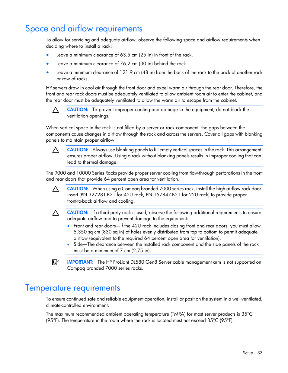 Space and airflow requirements, Temperature requirements | HP ProLiant DL580 Gen8 Server User Manual | Page 33 / 109