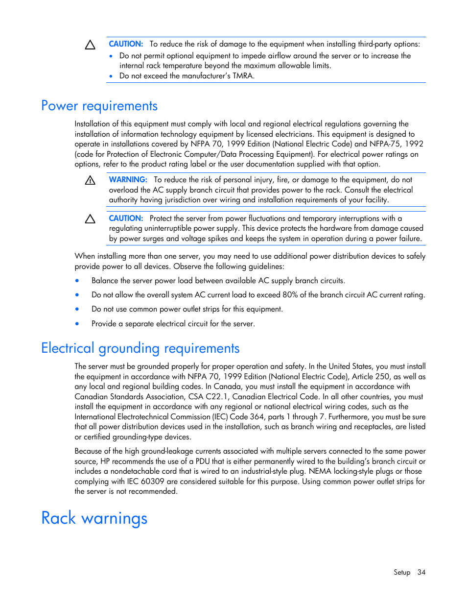 Power requirements, Electrical grounding requirements, Rack warnings | HP ProLiant DL580 Gen8 Server User Manual | Page 34 / 109