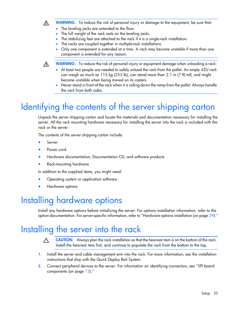 Installing hardware options, Installing the server into the rack | HP ProLiant DL580 Gen8 Server User Manual | Page 35 / 109