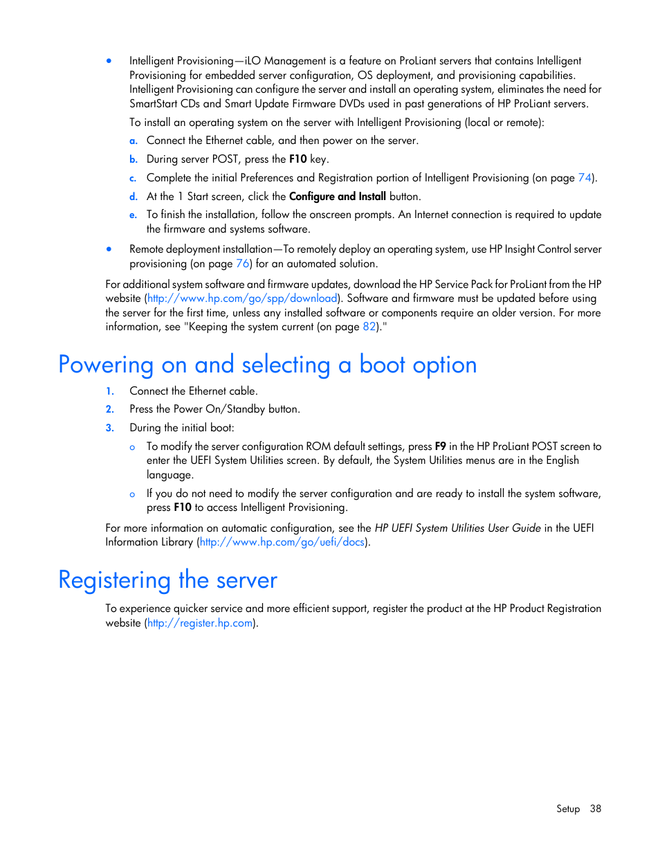 Powering on and selecting a boot option, Registering the server | HP ProLiant DL580 Gen8 Server User Manual | Page 38 / 109