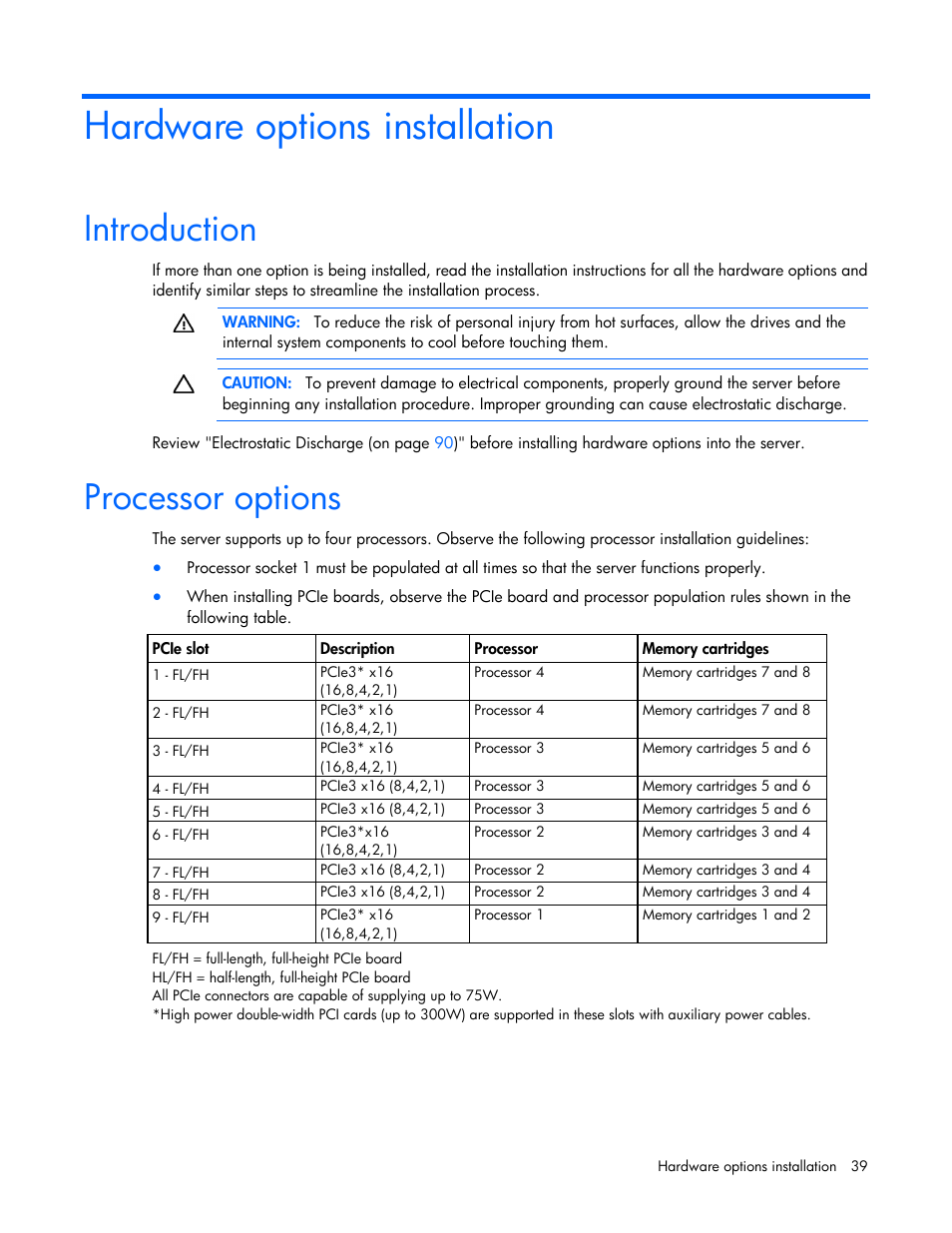 Hardware options installation, Introduction, Processor options | HP ProLiant DL580 Gen8 Server User Manual | Page 39 / 109