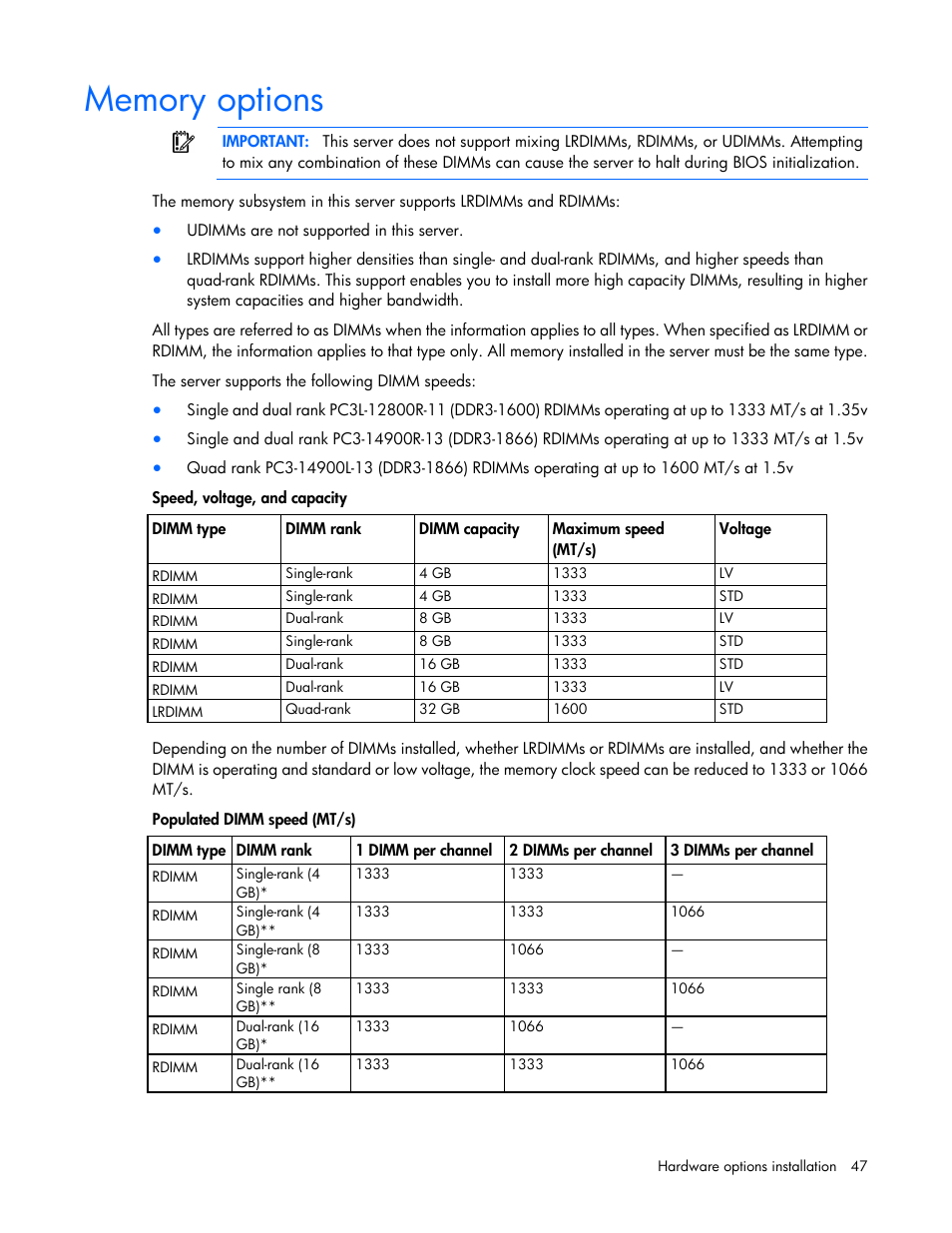 Memory options | HP ProLiant DL580 Gen8 Server User Manual | Page 47 / 109