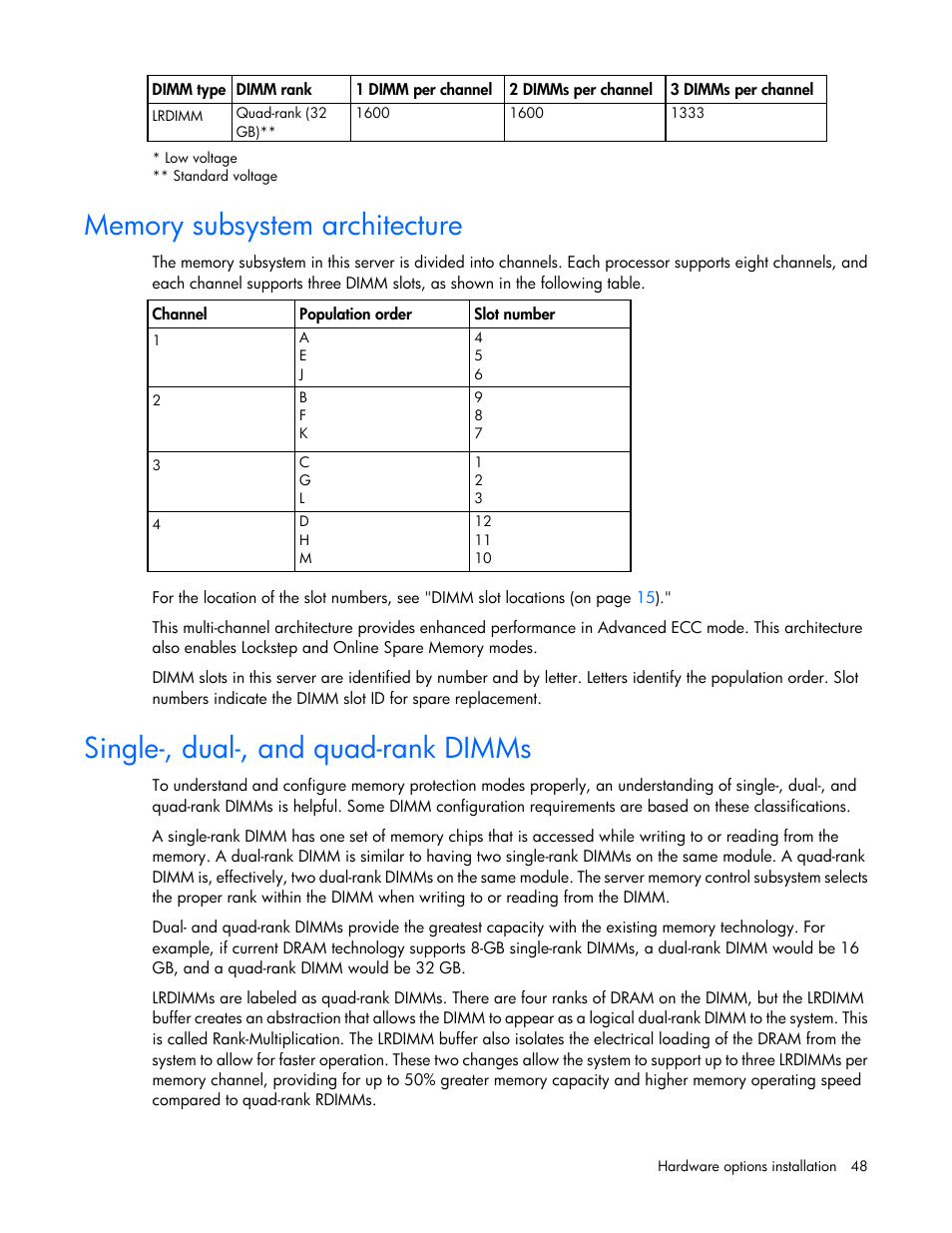 Memory subsystem architecture, Single-, dual-, and quad-rank dimms | HP ProLiant DL580 Gen8 Server User Manual | Page 48 / 109