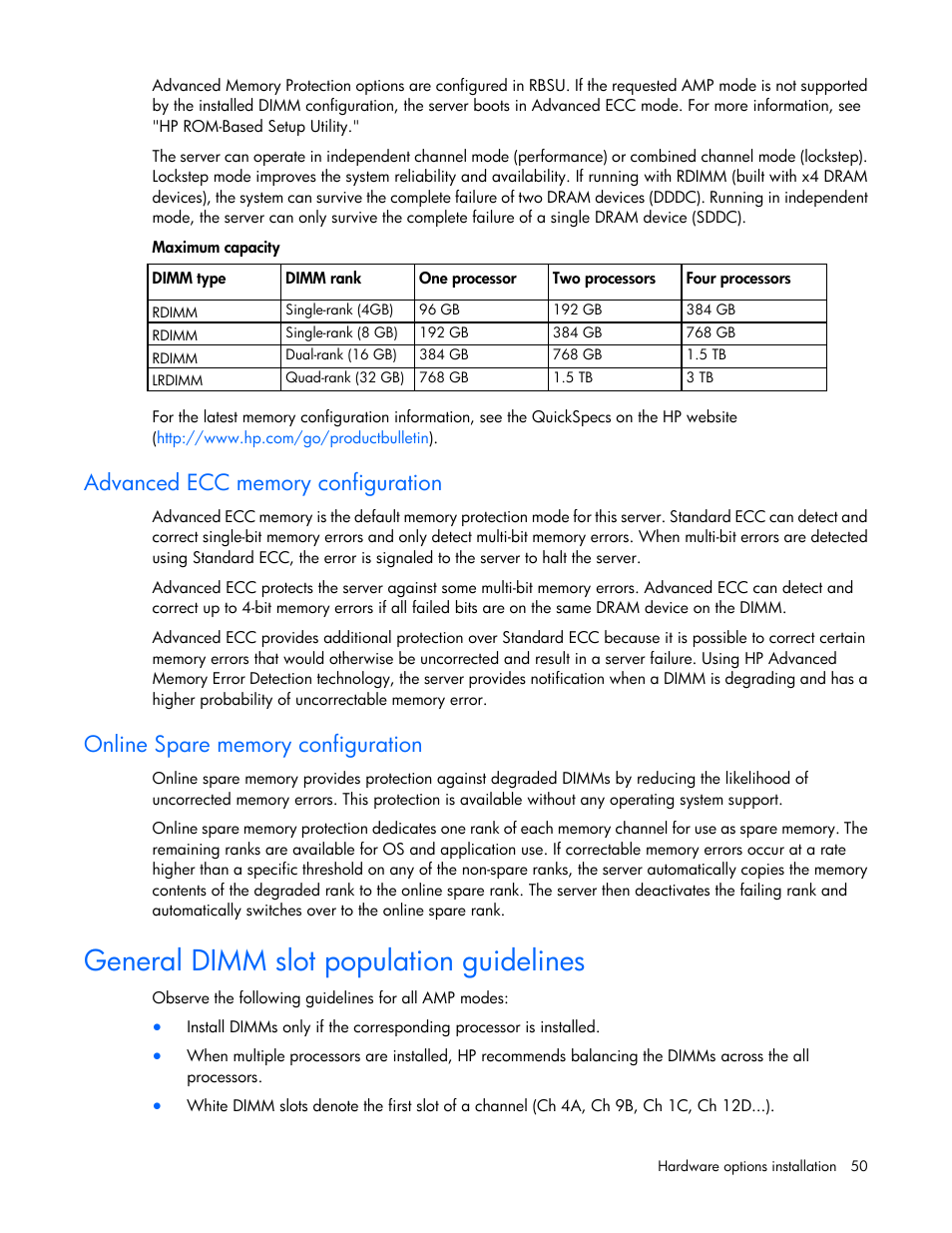 Advanced ecc memory configuration, Online spare memory configuration, General dimm slot population guidelines | HP ProLiant DL580 Gen8 Server User Manual | Page 50 / 109