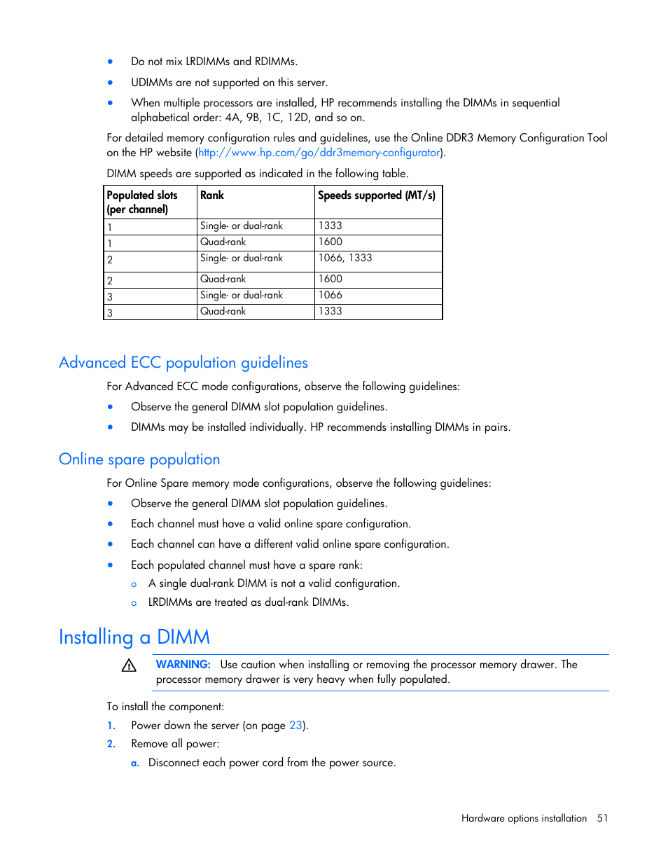 Advanced ecc population guidelines, Online spare population, Installing a dimm | HP ProLiant DL580 Gen8 Server User Manual | Page 51 / 109