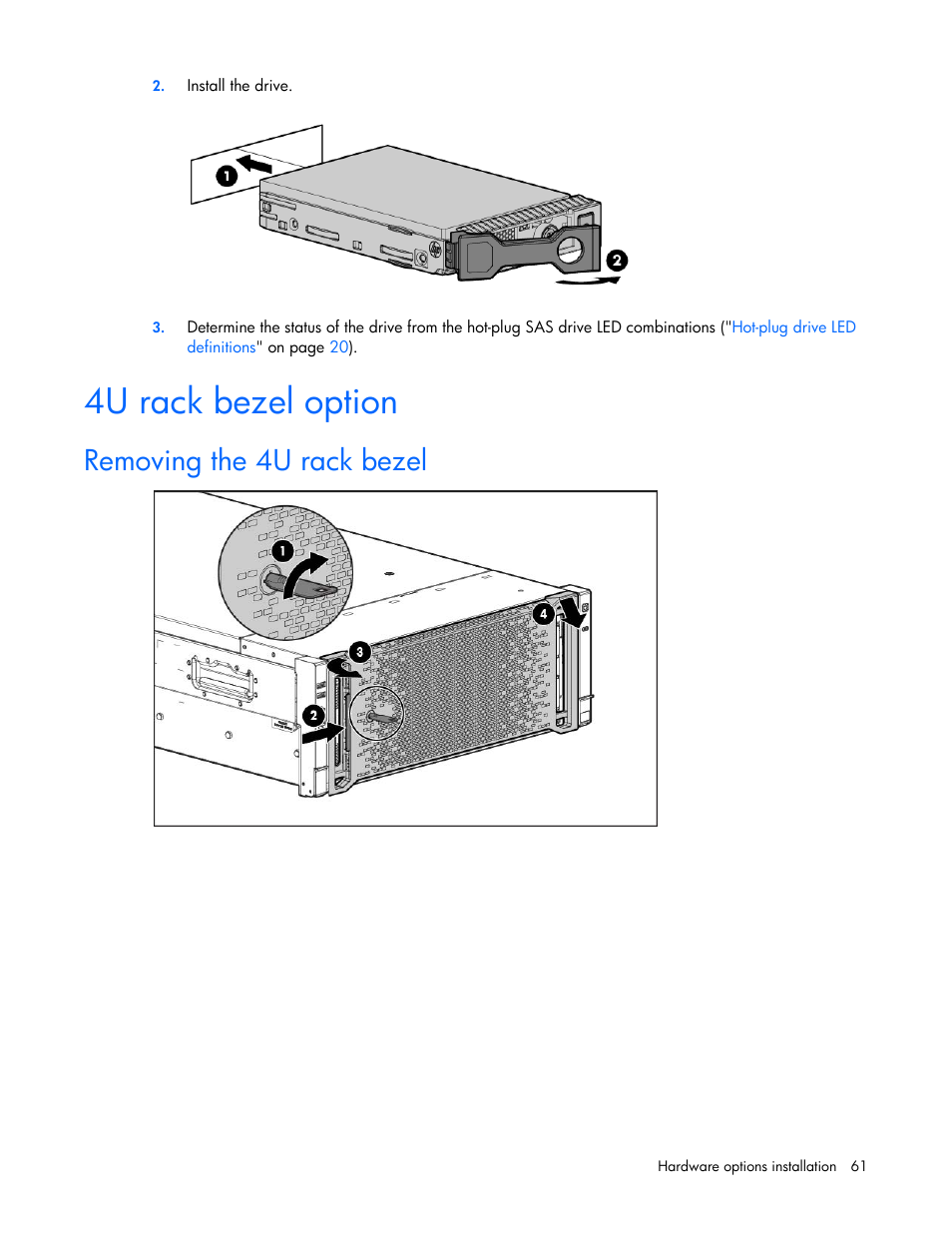 4u rack bezel option, Removing the 4u rack bezel | HP ProLiant DL580 Gen8 Server User Manual | Page 61 / 109