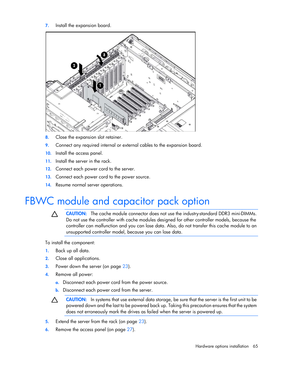 Fbwc module and capacitor pack option | HP ProLiant DL580 Gen8 Server User Manual | Page 65 / 109