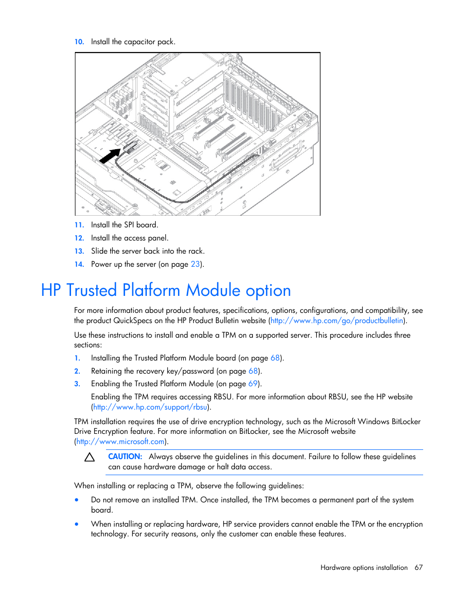 Hp trusted platform module option | HP ProLiant DL580 Gen8 Server User Manual | Page 67 / 109