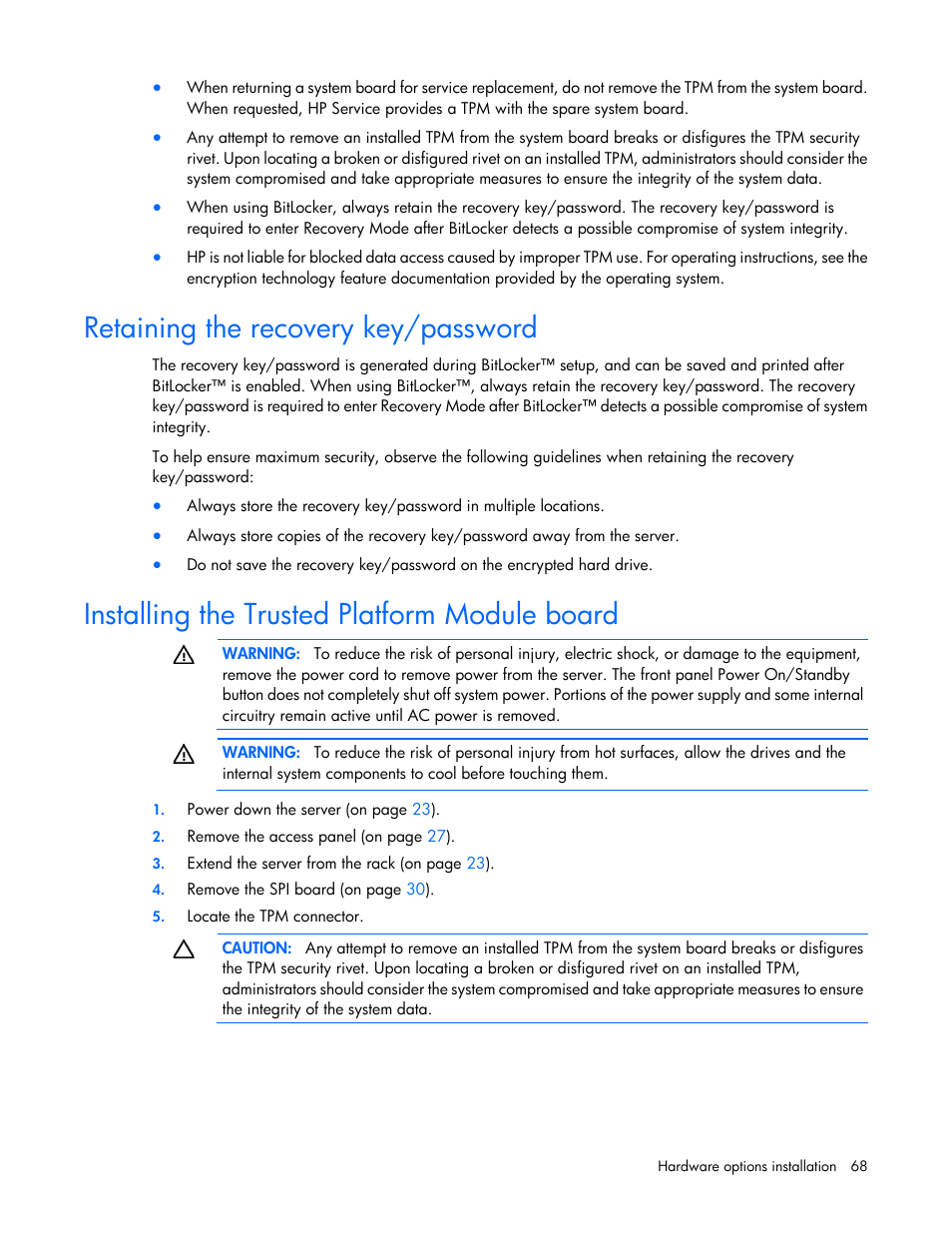 Retaining the recovery key/password, Installing the trusted platform module board | HP ProLiant DL580 Gen8 Server User Manual | Page 68 / 109