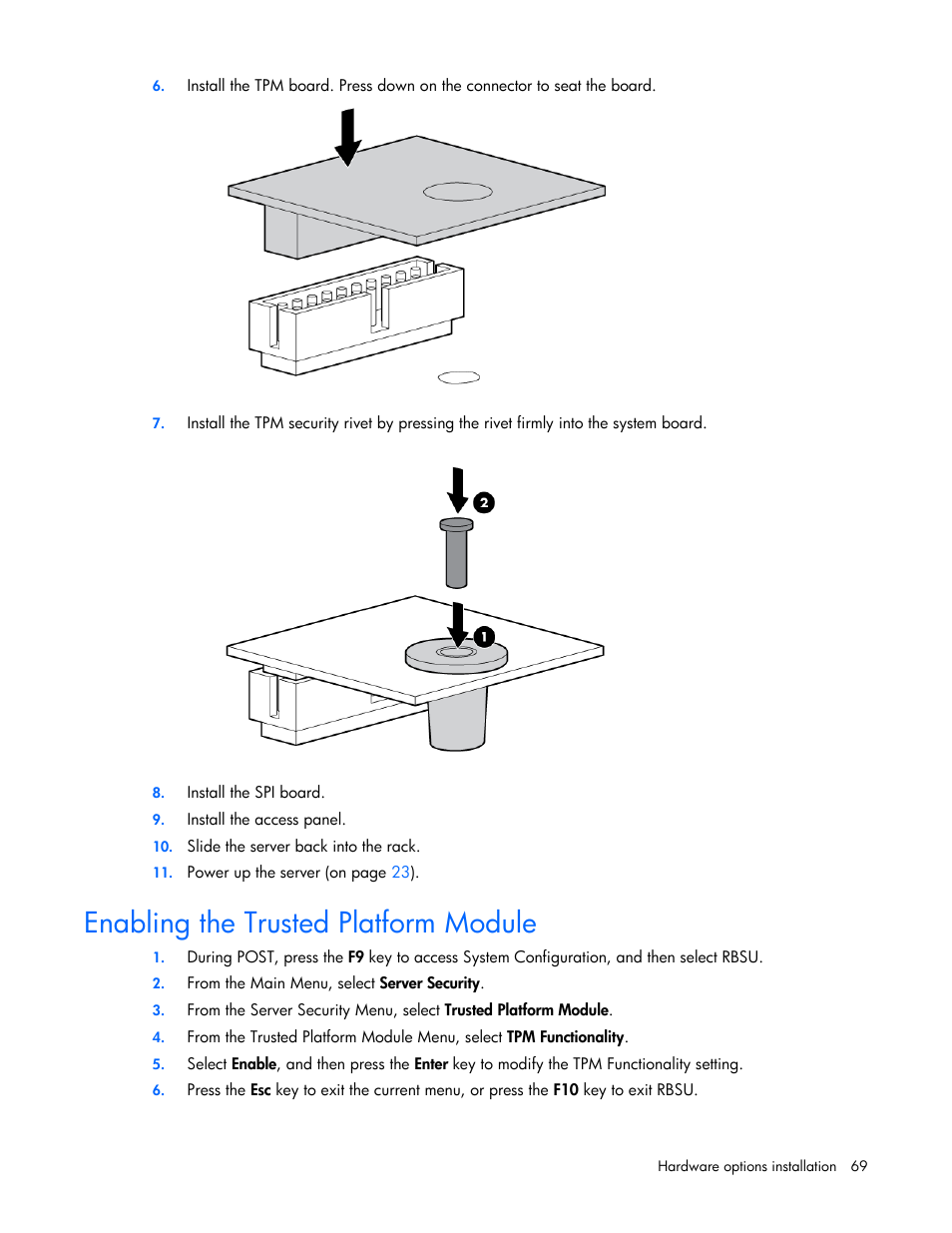 Enabling the trusted platform module | HP ProLiant DL580 Gen8 Server User Manual | Page 69 / 109