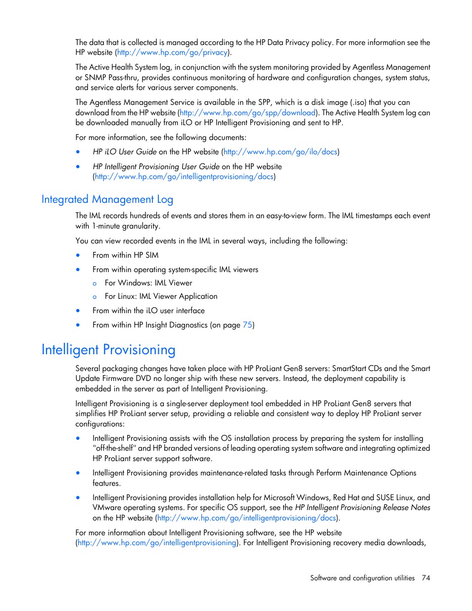 Integrated management log, Intelligent provisioning | HP ProLiant DL580 Gen8 Server User Manual | Page 74 / 109
