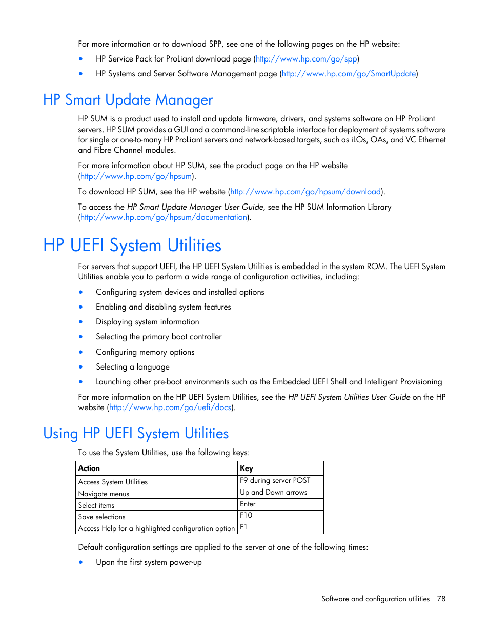 Hp smart update manager, Hp uefi system utilities, Using hp uefi system utilities | HP ProLiant DL580 Gen8 Server User Manual | Page 78 / 109