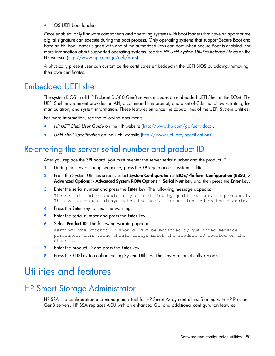 Embedded uefi shell, Utilities and features, Hp smart storage administrator | Re-entering the, Server serial number and product id | HP ProLiant DL580 Gen8 Server User Manual | Page 80 / 109