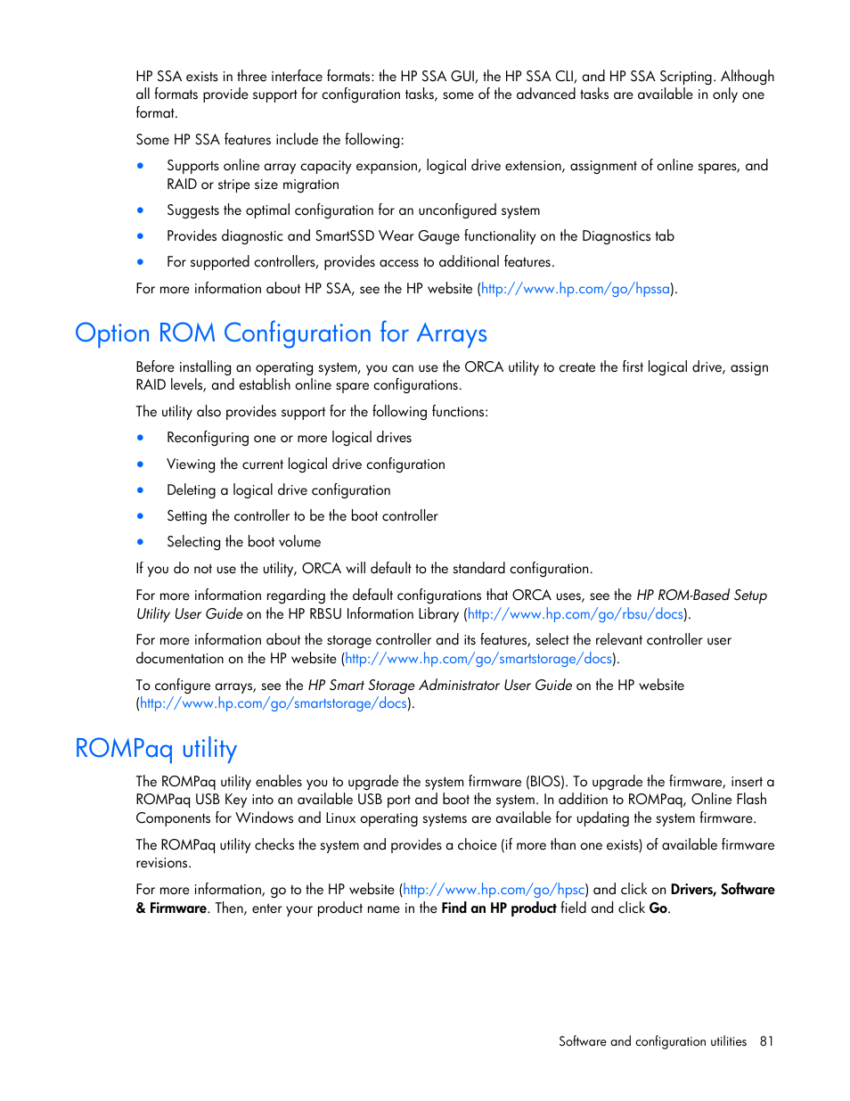 Option rom configuration for arrays, Rompaq utility | HP ProLiant DL580 Gen8 Server User Manual | Page 81 / 109