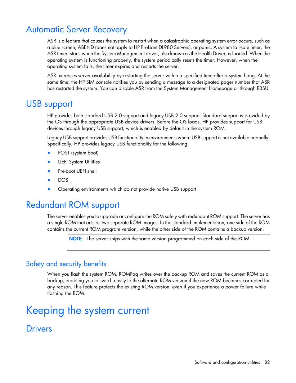 Automatic server recovery, Usb support, Redundant rom support | Safety and security benefits, Keeping the system current, Drivers | HP ProLiant DL580 Gen8 Server User Manual | Page 82 / 109