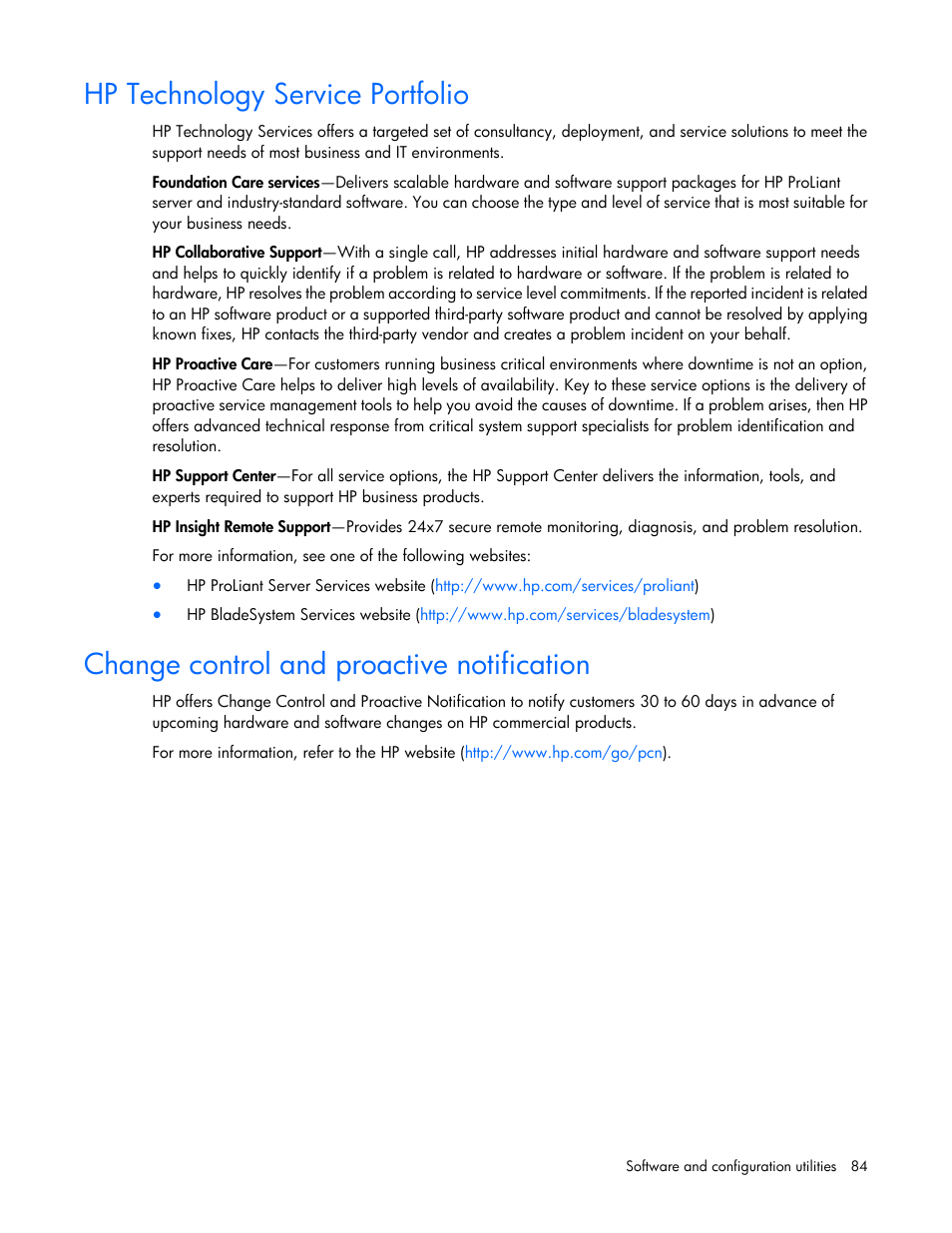 Hp technology service portfolio, Change control and proactive notification | HP ProLiant DL580 Gen8 Server User Manual | Page 84 / 109