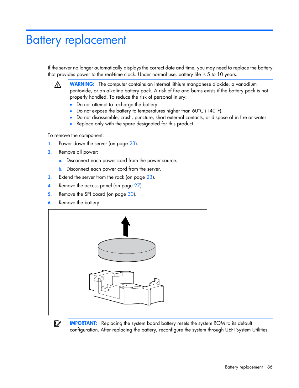 Battery replacement | HP ProLiant DL580 Gen8 Server User Manual | Page 86 / 109
