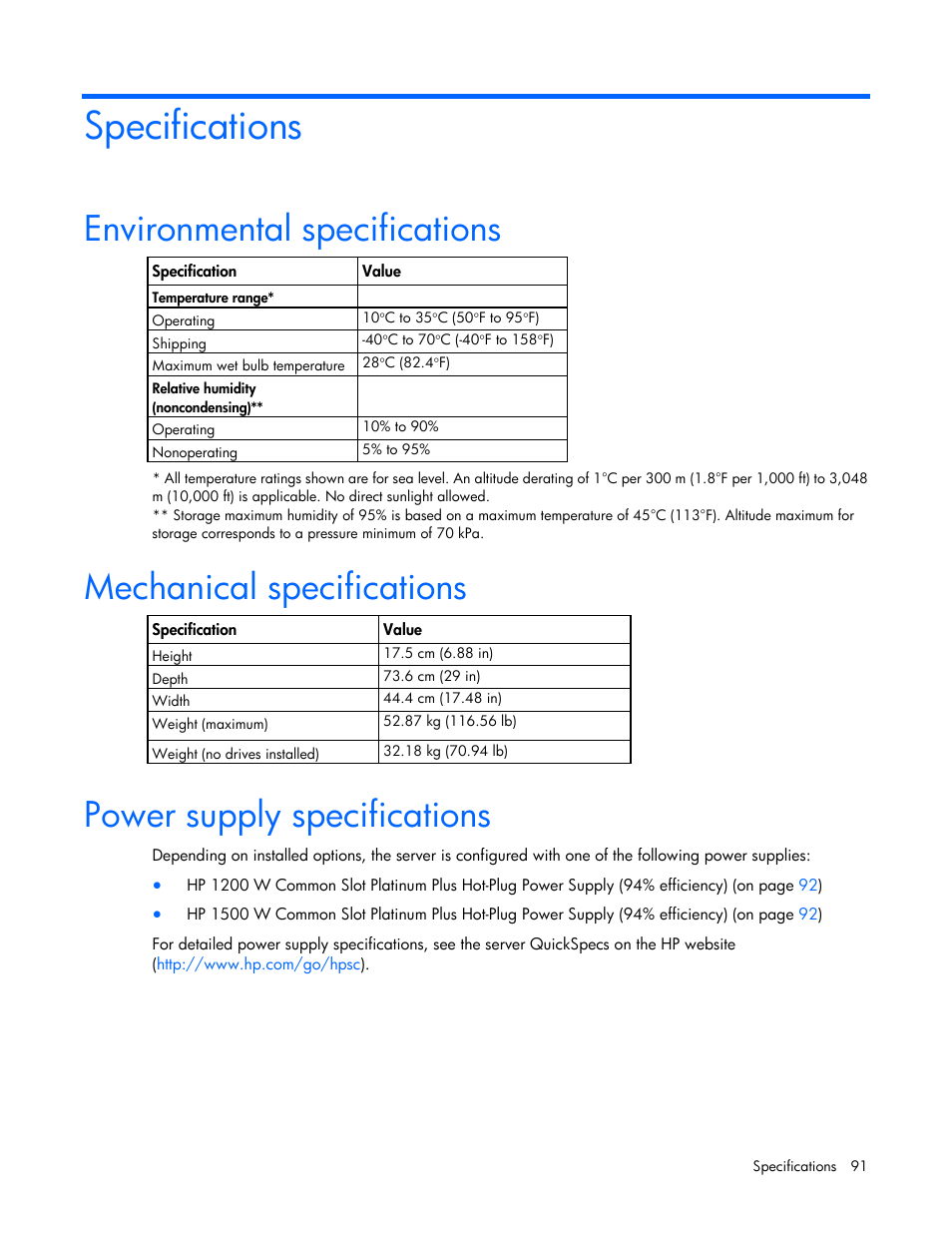 Specifications, Environmental specifications, Mechanical specifications | Power supply specifications | HP ProLiant DL580 Gen8 Server User Manual | Page 91 / 109