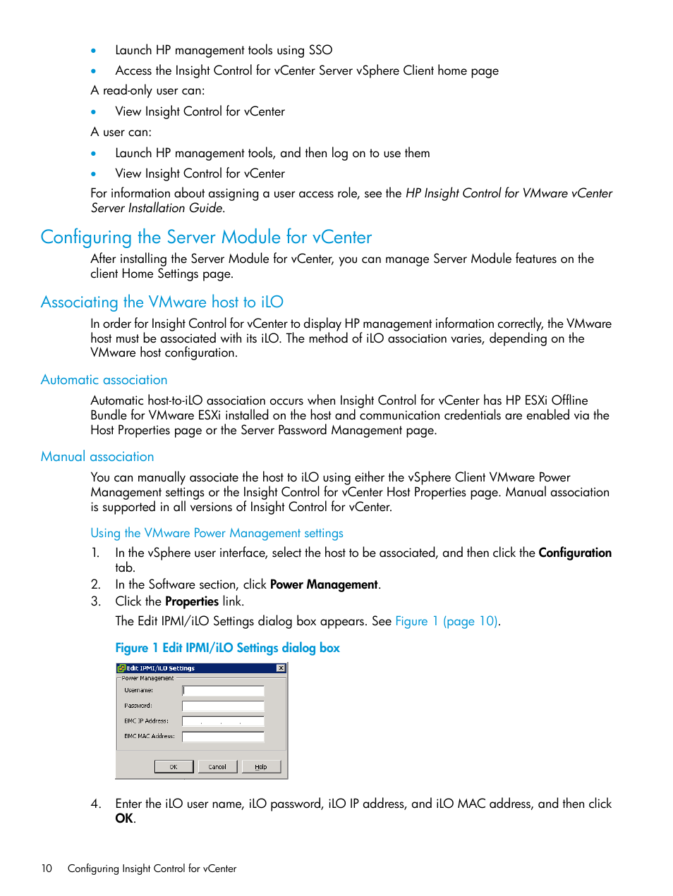 Configuring the server module for vcenter, Associating the vmware host to ilo, Automatic association | Manual association, Automatic association manual association | HP OneView for VMware vCenter User Manual | Page 10 / 153