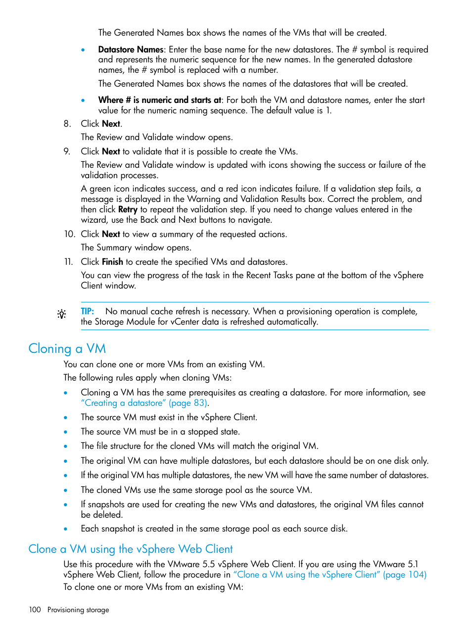 Cloning a vm, Clone a vm using the vsphere web client | HP OneView for VMware vCenter User Manual | Page 100 / 153