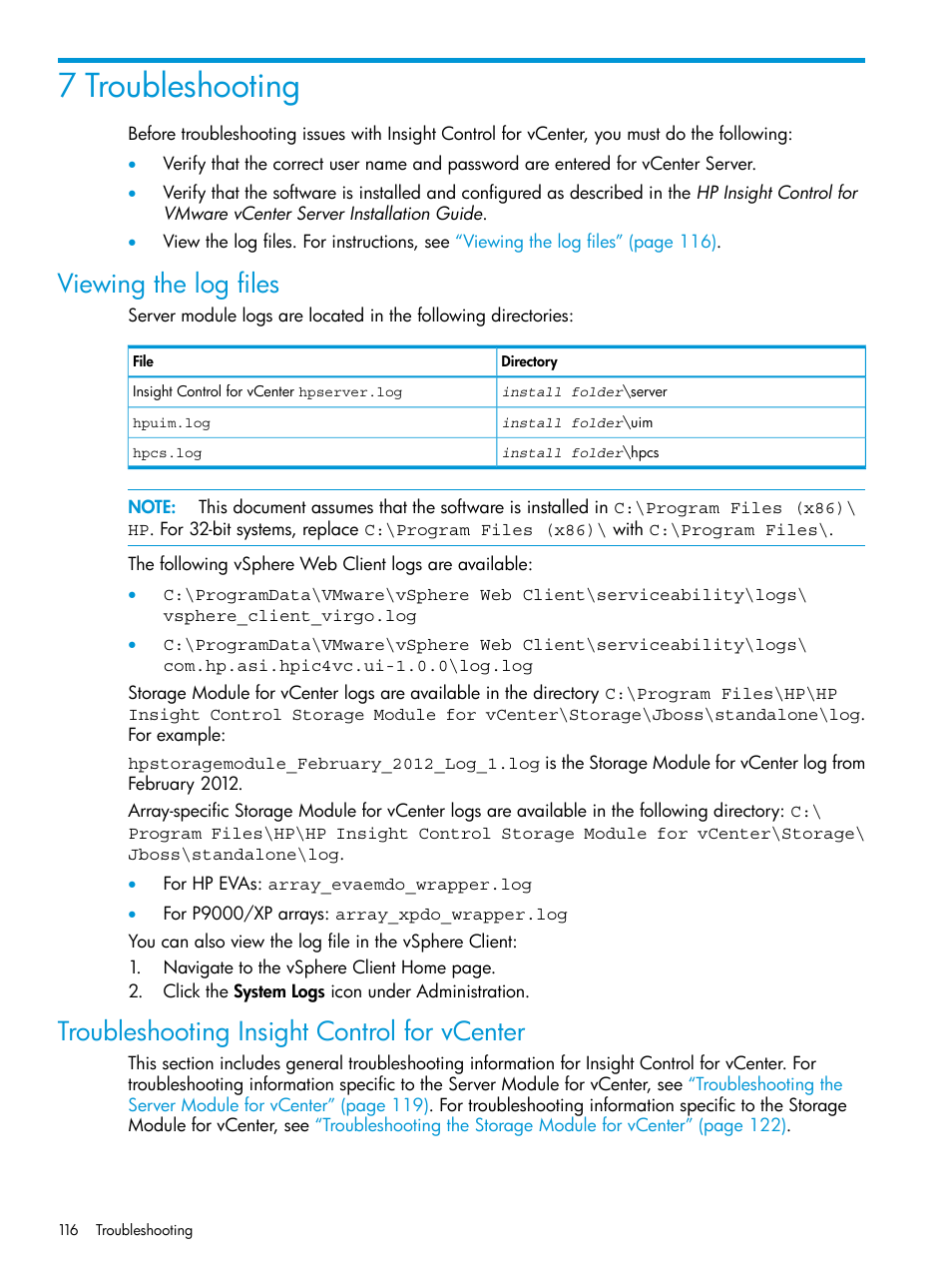 7 troubleshooting, Viewing the log files, Troubleshooting insight control for vcenter | HP OneView for VMware vCenter User Manual | Page 116 / 153