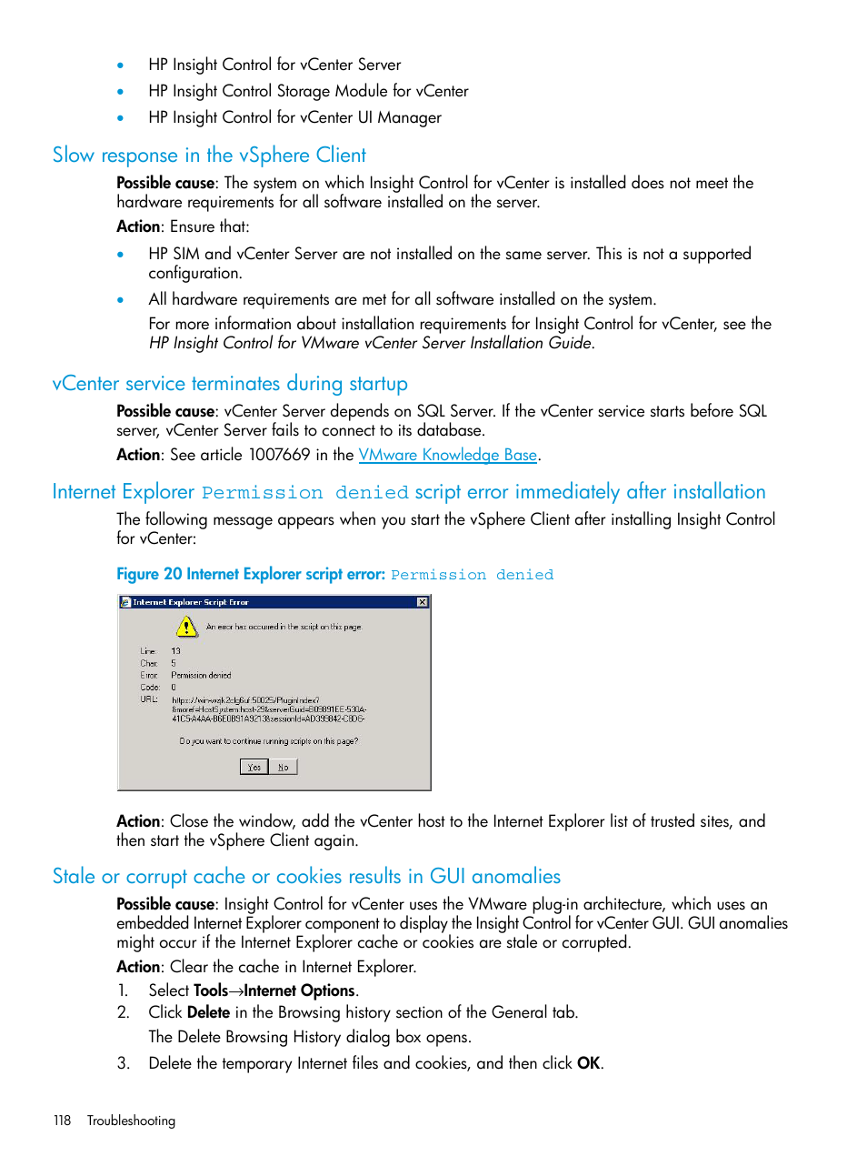 Slow response in the vsphere client, Vcenter service terminates during startup | HP OneView for VMware vCenter User Manual | Page 118 / 153