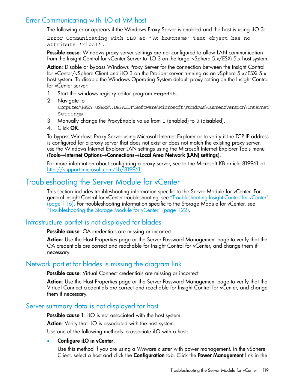 Error communicating with ilo at vm host, Troubleshooting the server module for vcenter, Infrastructure portlet is not displayed for blades | Server summary data is not displayed for host, Troubleshooting the | HP OneView for VMware vCenter User Manual | Page 119 / 153