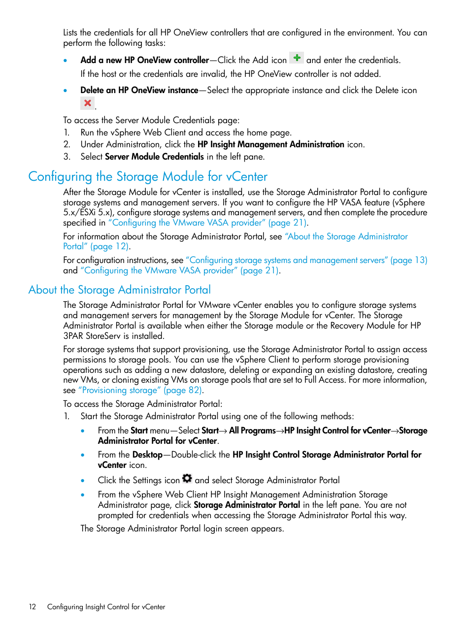 Configuring the storage module for vcenter, About the storage administrator portal | HP OneView for VMware vCenter User Manual | Page 12 / 153