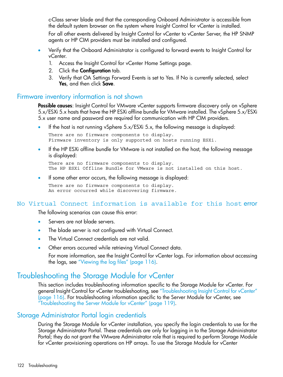 Firmware inventory information is not shown, Troubleshooting the storage module for vcenter, Storage administrator portal login credentials | HP OneView for VMware vCenter User Manual | Page 122 / 153