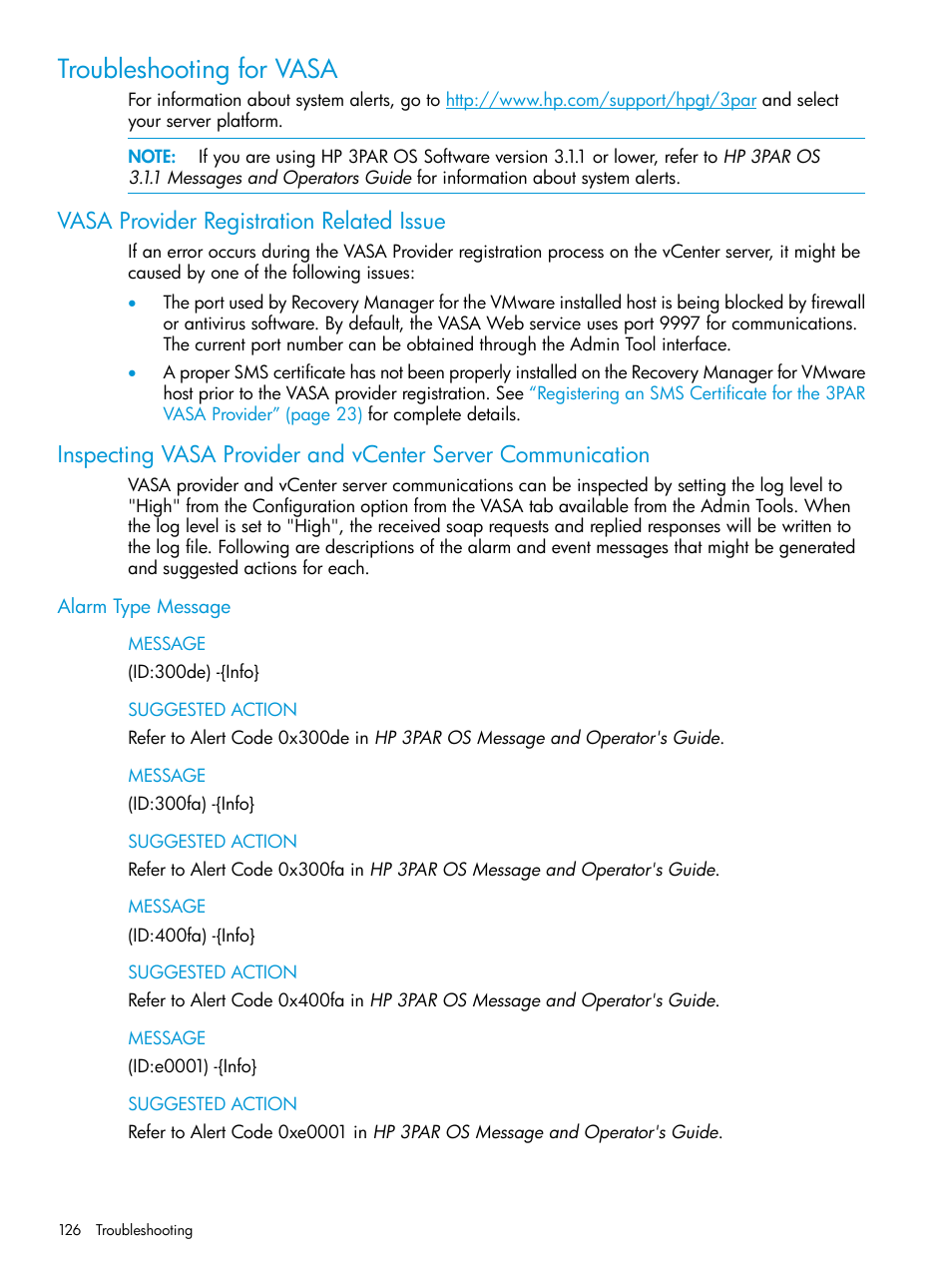 Troubleshooting for vasa, Vasa provider registration related issue, Alarm type message | HP OneView for VMware vCenter User Manual | Page 126 / 153