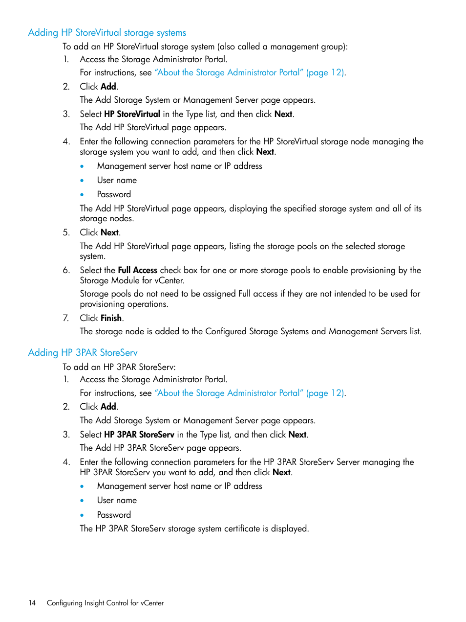 Adding hp storevirtual storage systems, Adding hp 3par storeserv | HP OneView for VMware vCenter User Manual | Page 14 / 153